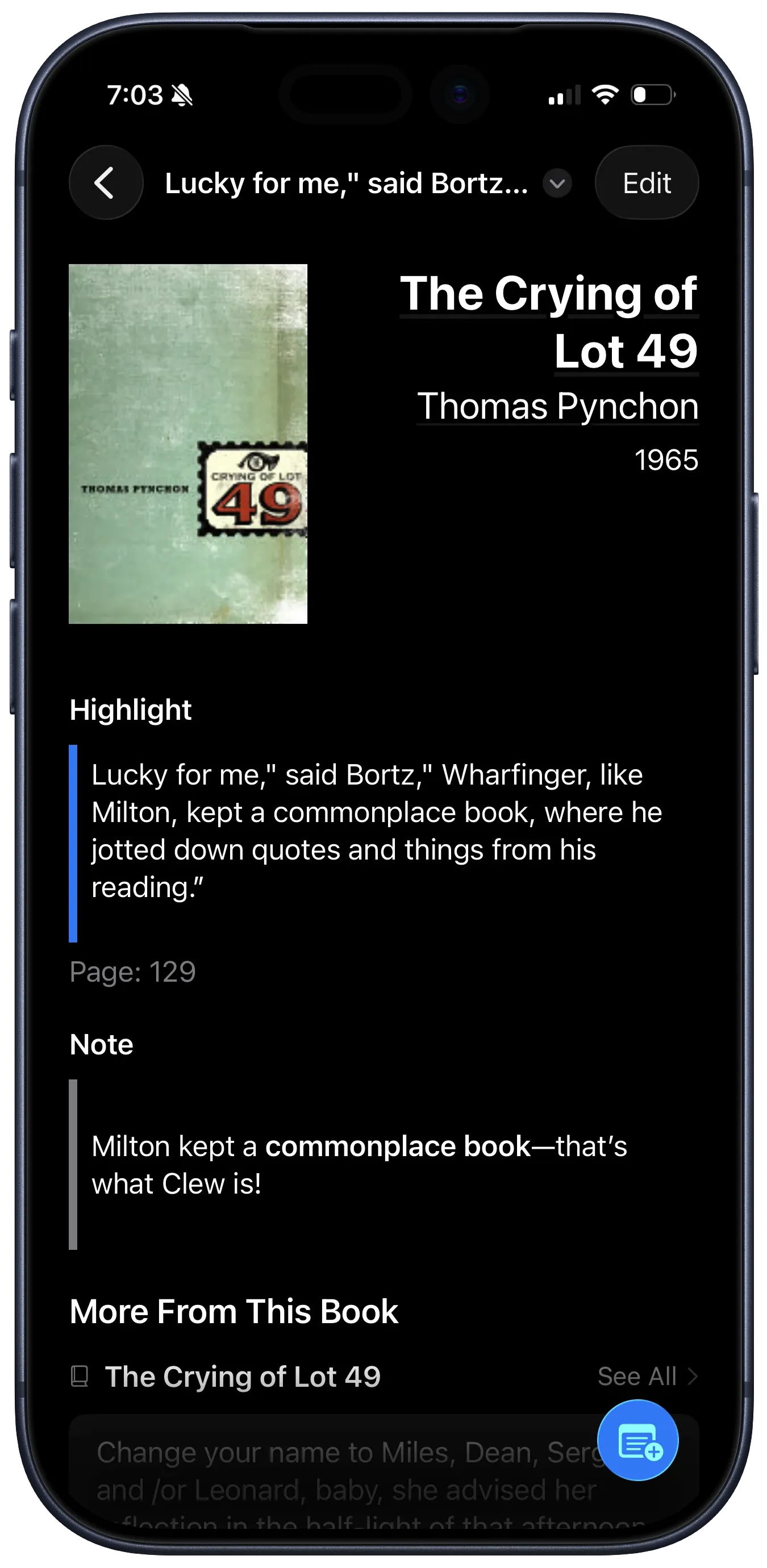 Clew app showing highlight detail view
